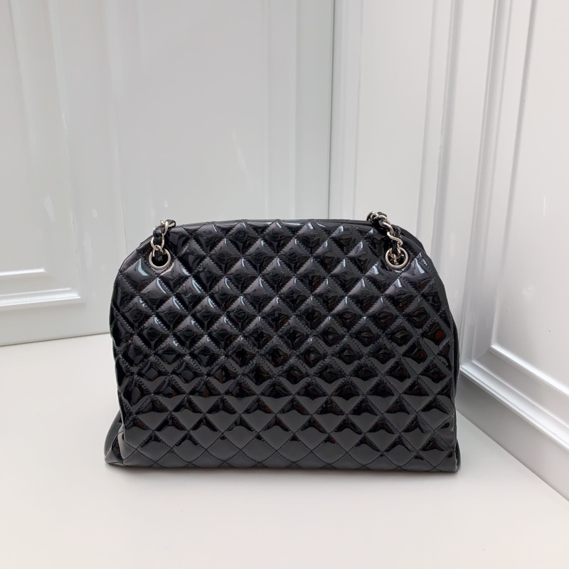 98新CHANEL香奈兒漆皮菱格15開保齡球黑銀鏈條包-6