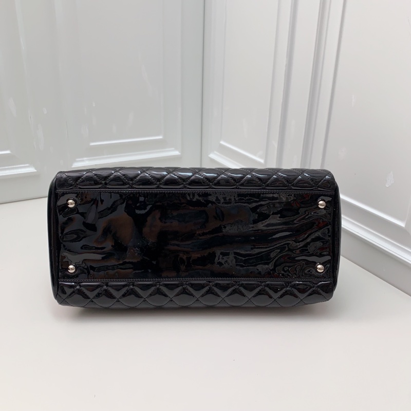 98新CHANEL香奈兒漆皮菱格15開保齡球黑銀鏈條包-7