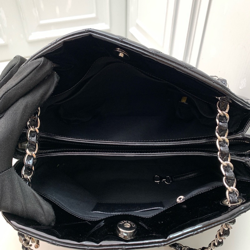 98新CHANEL香奈兒漆皮菱格15開保齡球黑銀鏈條包-8