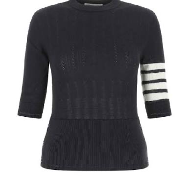 THOM BROWNE 女款 海軍藍4分袖針織上衣 #40碼-3