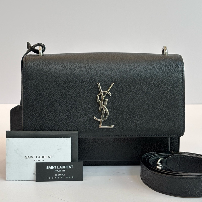 YSL/聖羅蘭黑銀牛皮日落中號鏈條包銀色扣-0