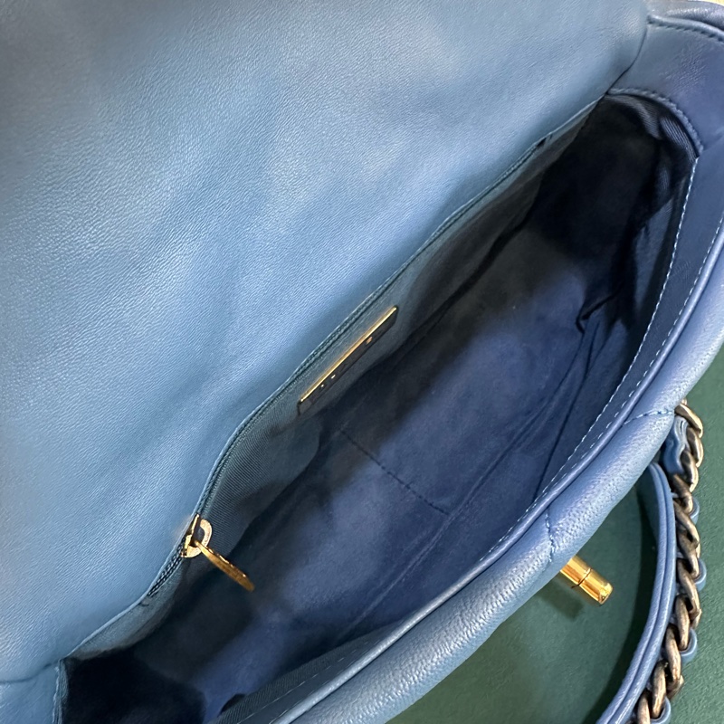 Chanel 藍羊皮大菱格紋19小號霧金釦三色鏈下蓋手提肩斜背包A81160-6