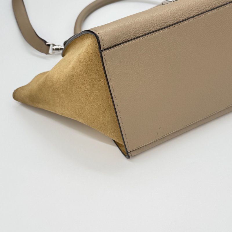 CELINE 思琳 Trapeze 鞦韆包 手提包 麂皮面 牛皮 拼接 奶茶色 金扣 手提包 斜背包-3