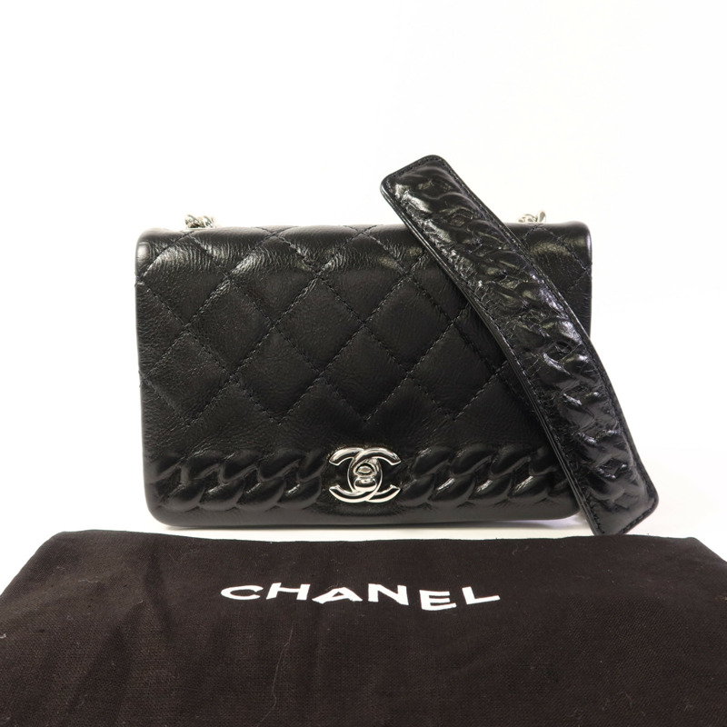CHANEL 牛皮皮革Chain Shoulder銀扣鏈帶肩背袋-14