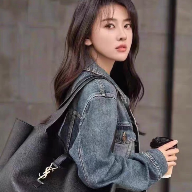 SAINT LAURENT聖羅蘭 YSL BEA系列 Logo徽標古銅色五金配件 鹿皮 托特包Tote黑色 25年款 大小50×18×28-0