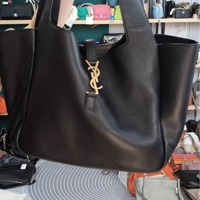 SAINT LAURENT聖羅蘭 YSL BEA系列 Logo徽標古銅色五金配件 鹿皮 托特包Tote黑色 25年款 大小50×18×28-1