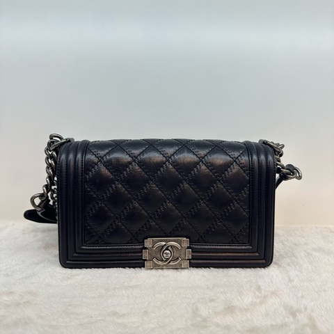 Chanel香奈兒 leboy中號黑銀牛皮菱格外縫線包 肩背包斜背包