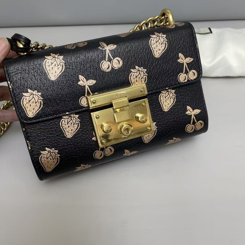 Gucci古馳Padlock小號黑色牛皮燙金草莓月光寶盒 肩背包斜背包-5