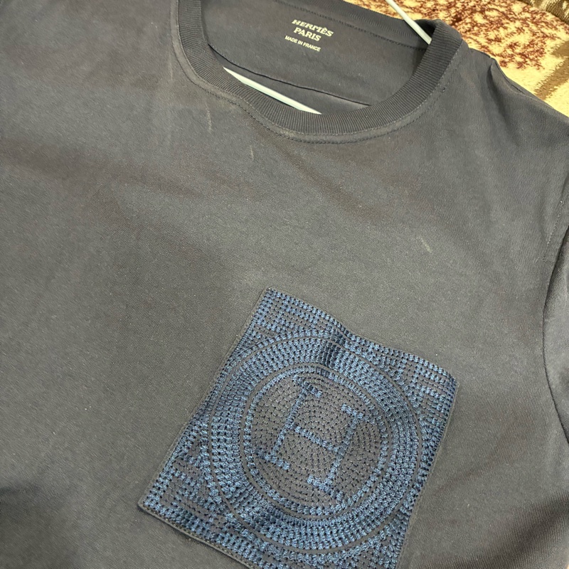 愛馬仕hermes 二手 深藍色 基本口袋刺繡 洋裝 上衣 尺寸42-1