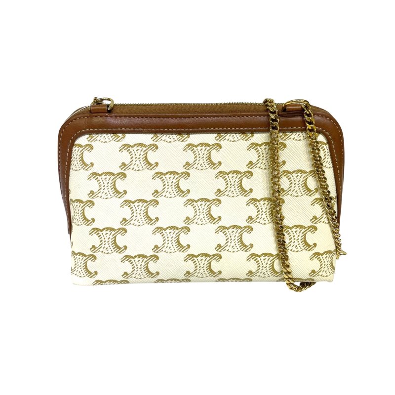 【美收精品】CELINE TRIOMPHE 帆布凱旋門LOGO鍊帶手提斜背包(白色/黃褐色) 3-987【隔月月中將轉賣至日本 上架期限30天】-1