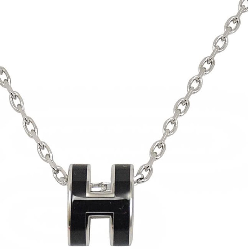 Hermes 愛馬仕 MINI POPH 經典立體橢圓H LOGO造型項鍊(銀/黑)-0