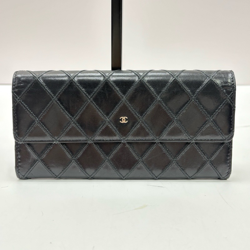 Chanel香奈兒黑銀菱格紋長款錢包-10