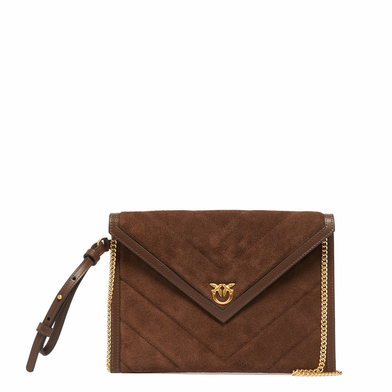 Pinko - Flat Pochette in Suede Marrone Castano Matt Gold - 104820A2JH - MARRONE/CASTANO/MATT/GOLD-0