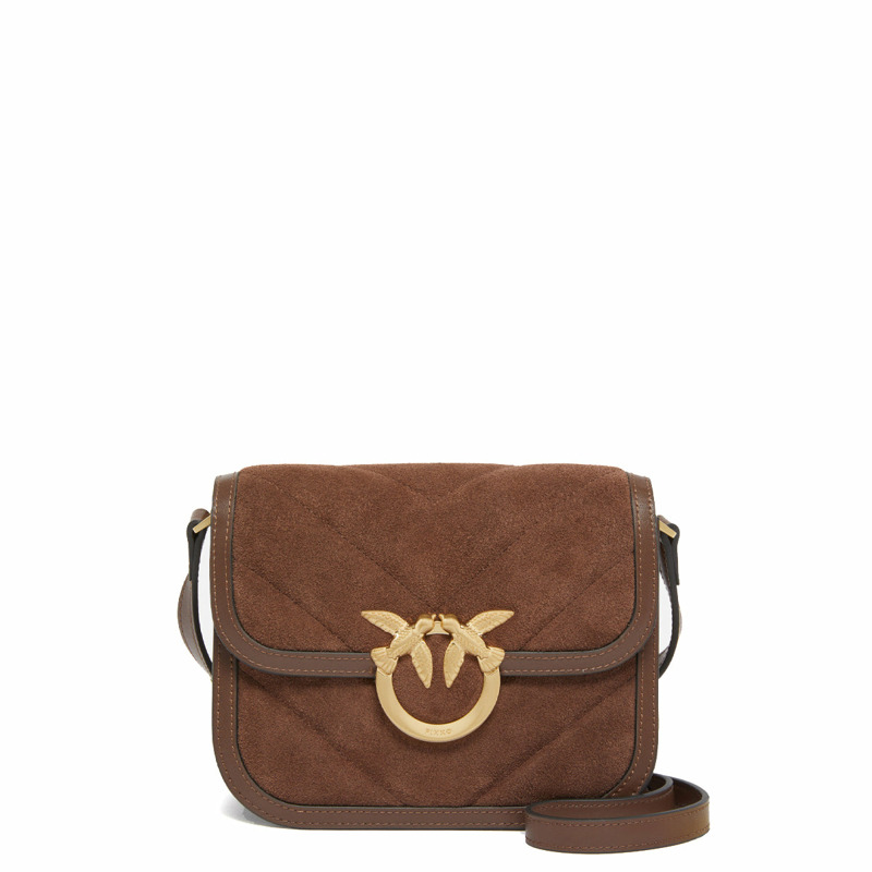 Pinko - Love Box Small Suede Marrone Castano Matt Gold Flap Purse - 104297A2JH - MARRONE/CASTANO/MATT/GOLD-0