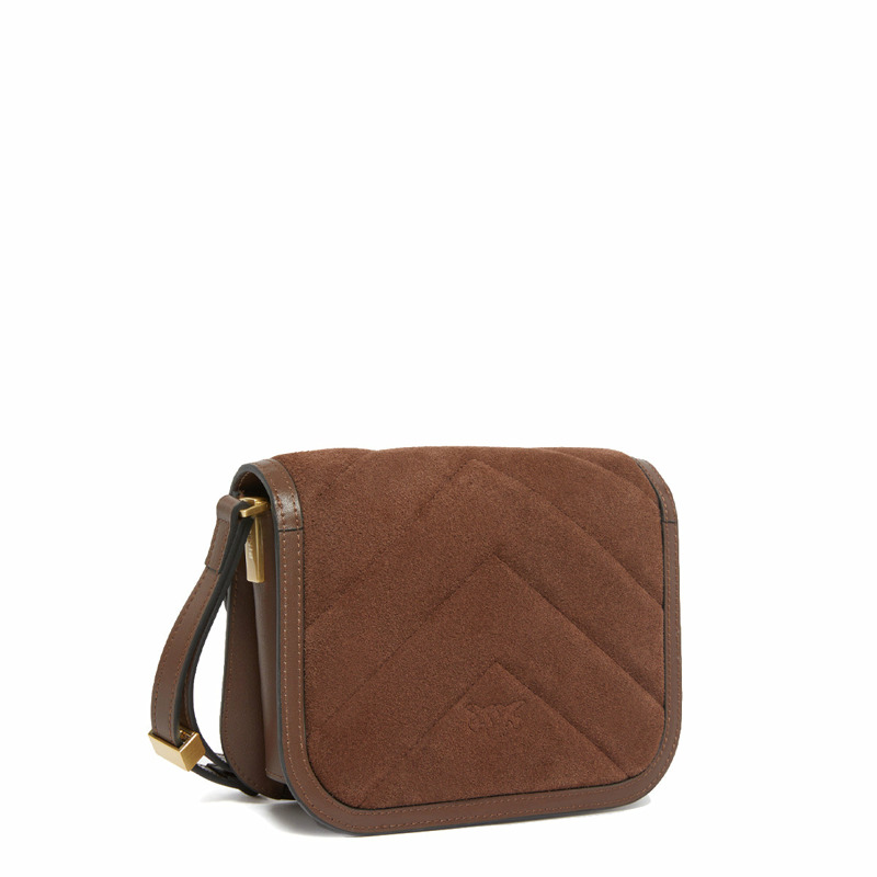Pinko - Love Box Small Suede Marrone Castano Matt Gold Flap Purse - 104297A2JH - MARRONE/CASTANO/MATT/GOLD-1