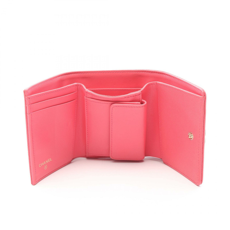 CHANEL Mademoiselle 迷你皮夾 皮革 粒面小牛皮 粉紅色 二手 女款 GHW CC-2
