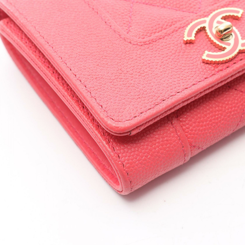 CHANEL Mademoiselle 迷你皮夾 皮革 粒面小牛皮 粉紅色 二手 女款 GHW CC-9