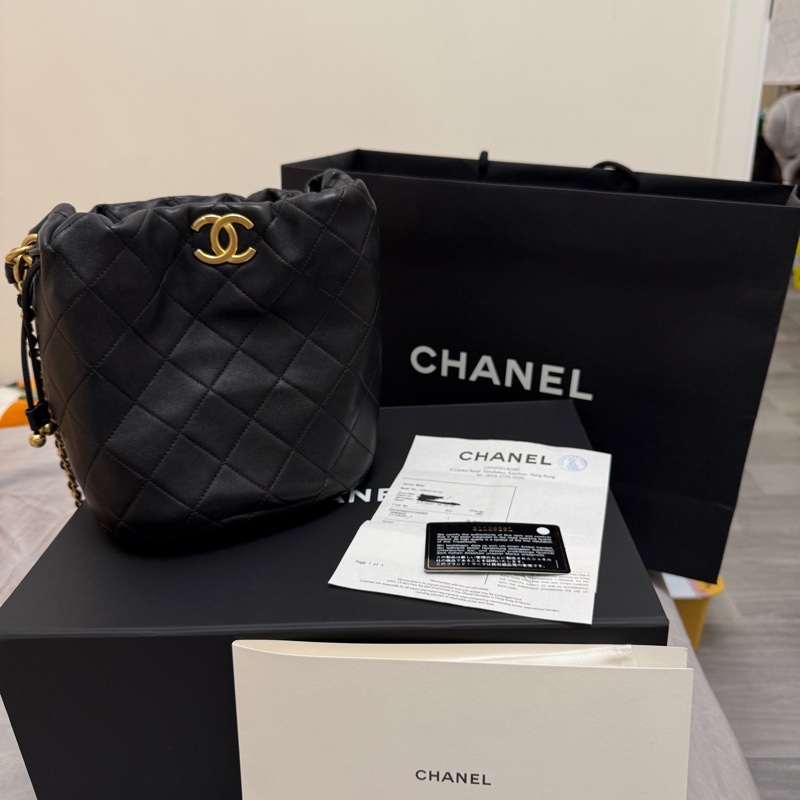 CHANEL 菱格牛皮皮革Chain Shoulder金扣手挽肩背兩用袋黑色-0