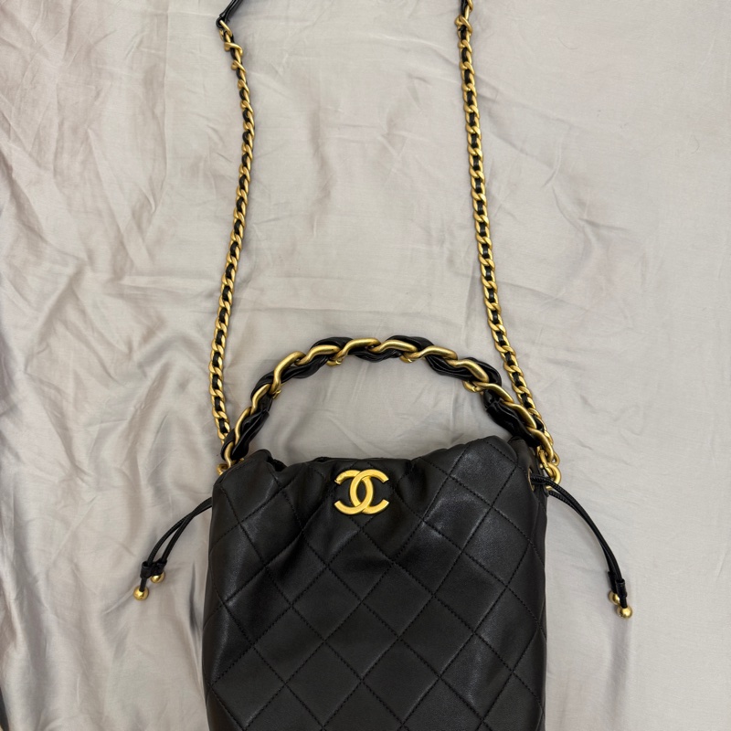 CHANEL 菱格牛皮皮革Chain Shoulder金扣手挽肩背兩用袋黑色-7