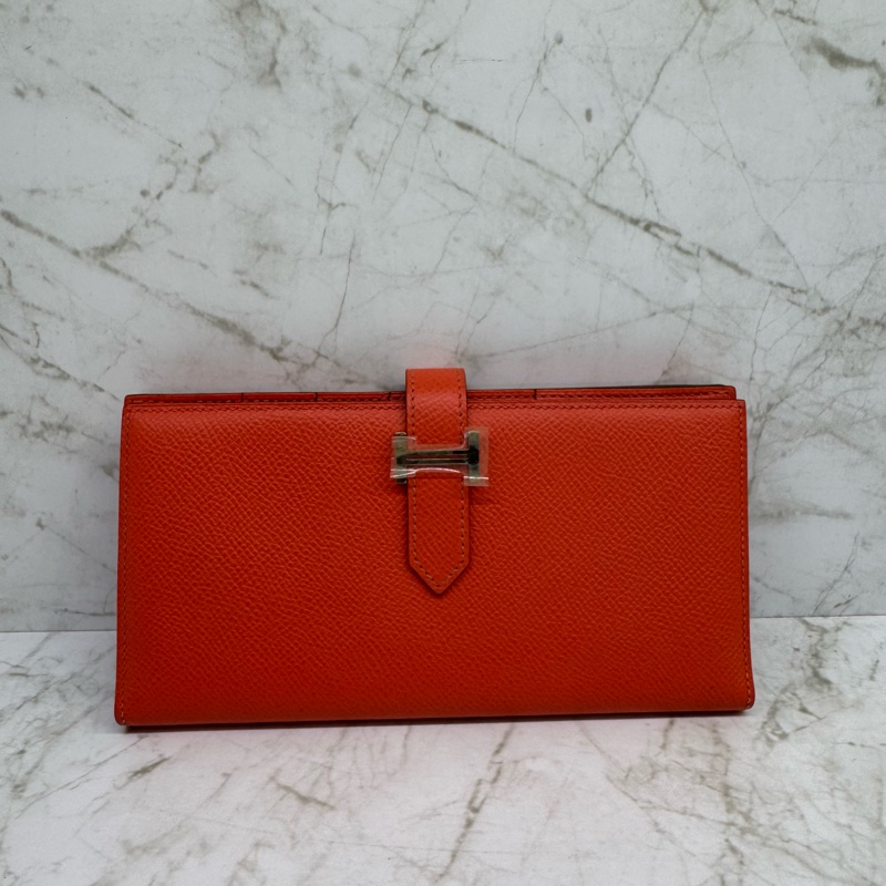 Hermes 橘紅色銀釦H長夾/T刻-0
