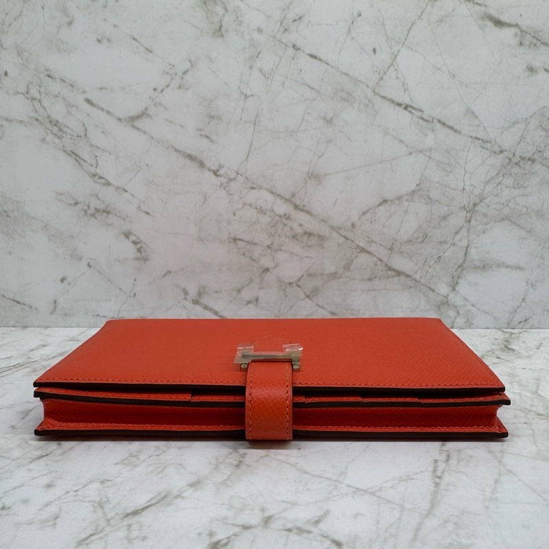 Hermes 橘紅色銀釦H長夾/T刻-4