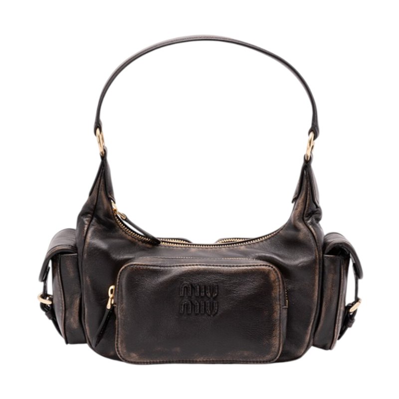 【MIU MIU】Pocket 仿舊 納帕小羊皮 口袋包 腋下包 肩背包 咖啡棕色 5BC188-0