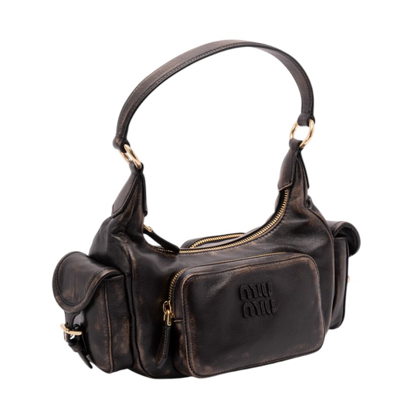 【MIU MIU】Pocket 仿舊 納帕小羊皮 口袋包 腋下包 肩背包 咖啡棕色 5BC188-2