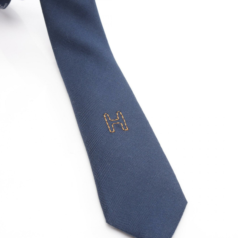 HERMES 領帶 絲綢 海軍藍 二手 男式-7