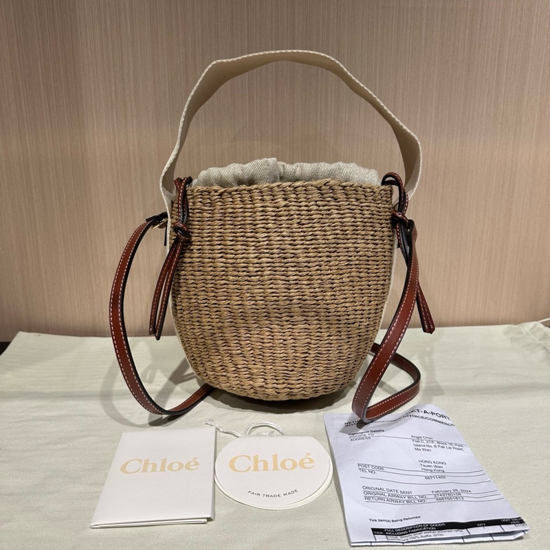 Chloe蔻依Woody經典Logo標誌皮革提籃包單肩包小號棕色-0