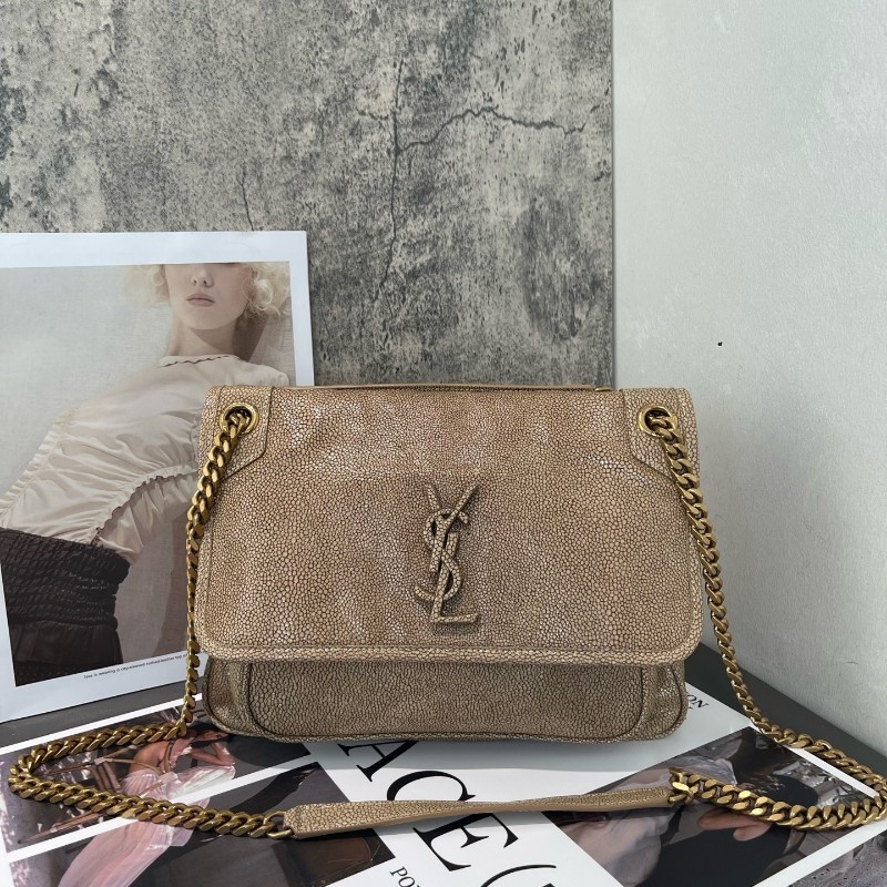 YSL/聖羅蘭 Niki 中號珍珠魚皮 米色金扣 肩背包 斜背包-0