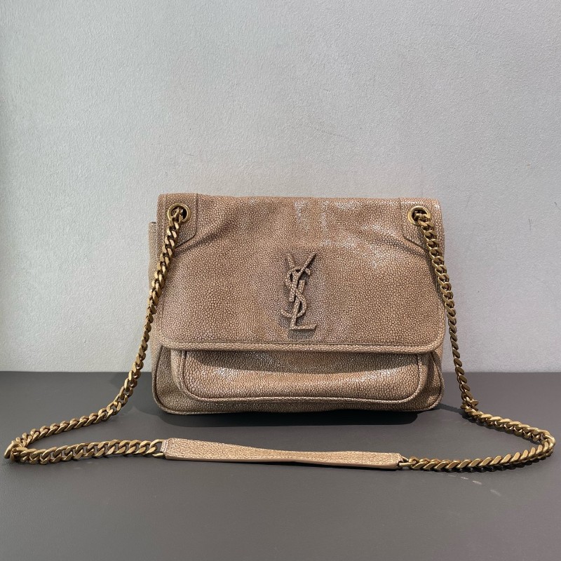 YSL/聖羅蘭 Niki 中號珍珠魚皮 米色金扣 肩背包 斜背包-4