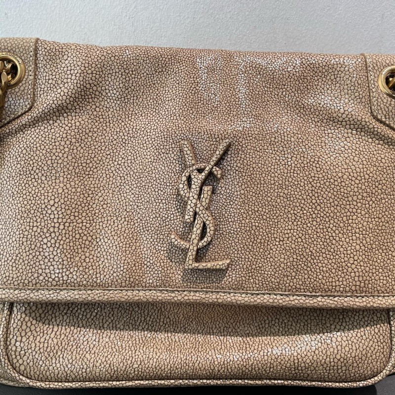 YSL/聖羅蘭 Niki 中號珍珠魚皮 米色金扣 肩背包 斜背包-5