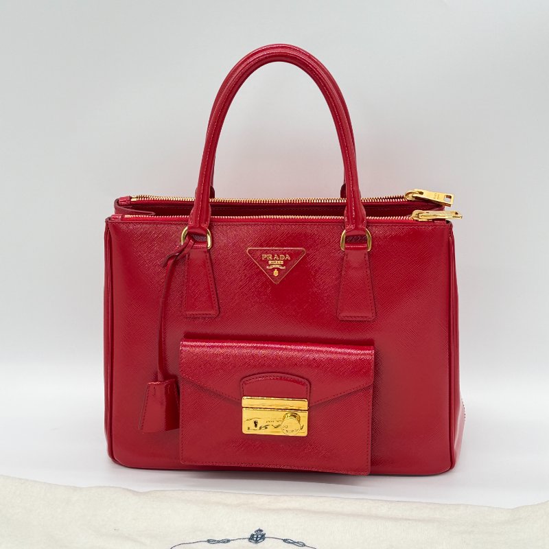 PRADA 普拉達 寶石紅 亮面 Saffiano Lux 牛皮 手提包 斜挎包 BN2732-0