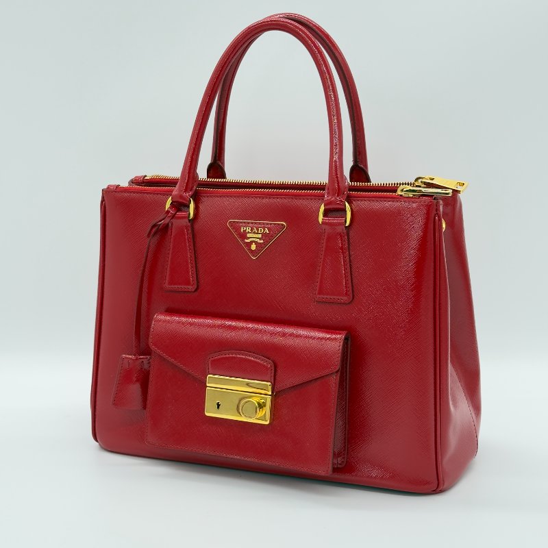 PRADA 普拉達 寶石紅 亮面 Saffiano Lux 牛皮 手提包 斜挎包 BN2732-1