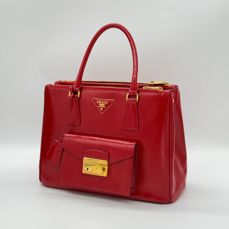 PRADA 普拉達 寶石紅 亮面 Saffiano Lux 牛皮 手提包 斜挎包 BN2732-8