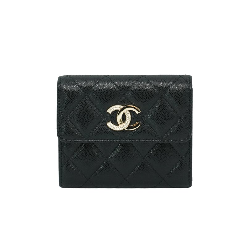 Chanel 展示品 粒面牛皮淡金水鑽logo三折式短夾(AP4175-黑)-0