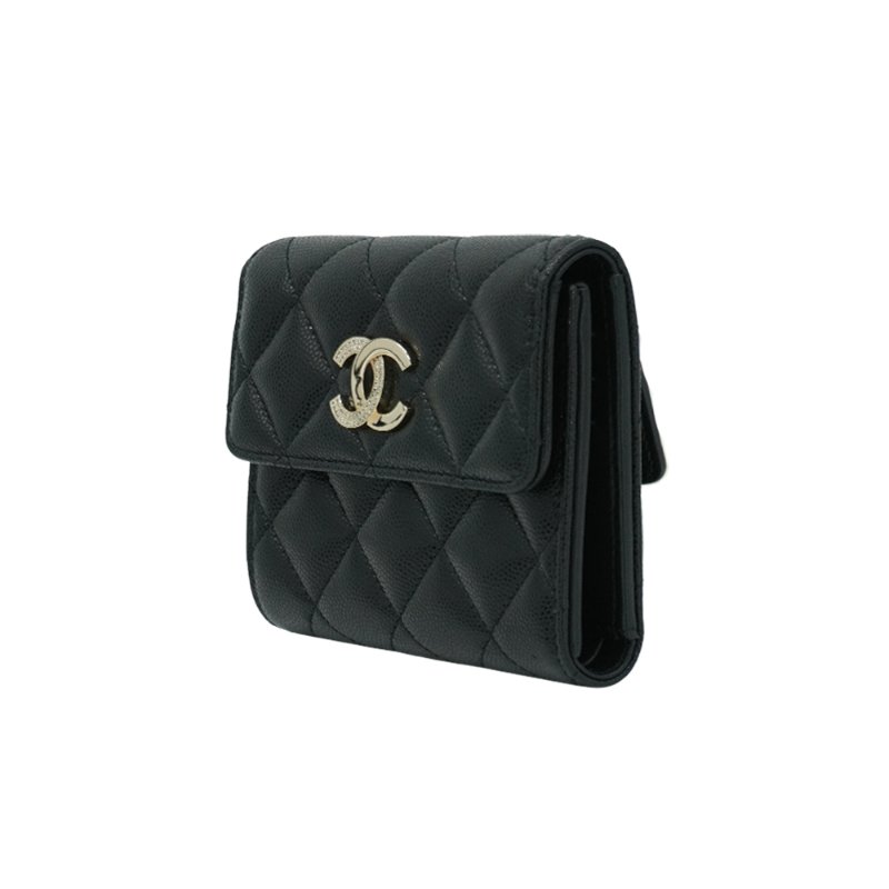 Chanel 展示品 粒面牛皮淡金水鑽logo三折式短夾(AP4175-黑)-1