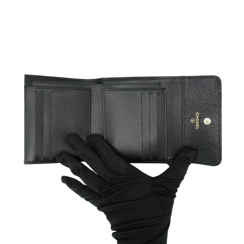 Chanel 展示品 粒面牛皮淡金水鑽logo三折式短夾(AP4175-黑)-4