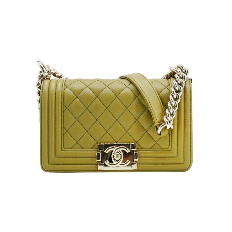 Chanel 展示品 Boy 菱格羊皮淡金釦掀蓋斜背包-20cm(A67085-芥末綠)-0