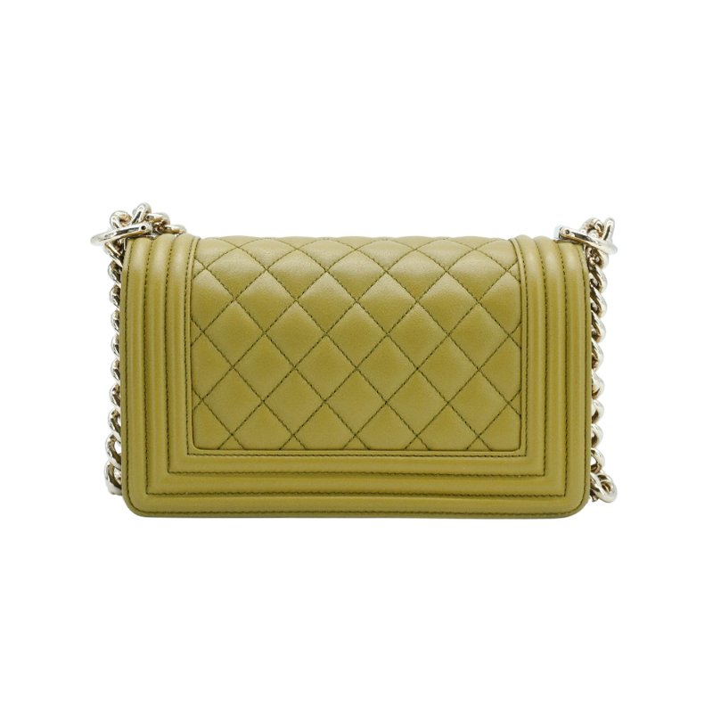 Chanel 展示品 Boy 菱格羊皮淡金釦掀蓋斜背包-20cm(A67085-芥末綠)-2