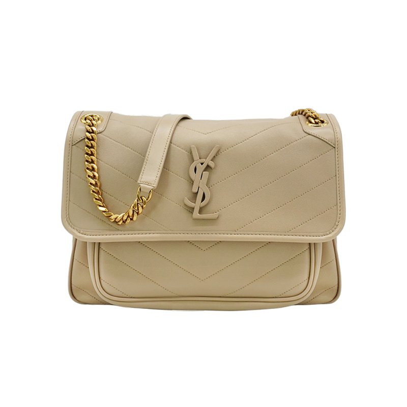YSL Niki 羊皮裸灰logo翻蓋金鍊肩背斜背包-中(633158-裸灰)-0
