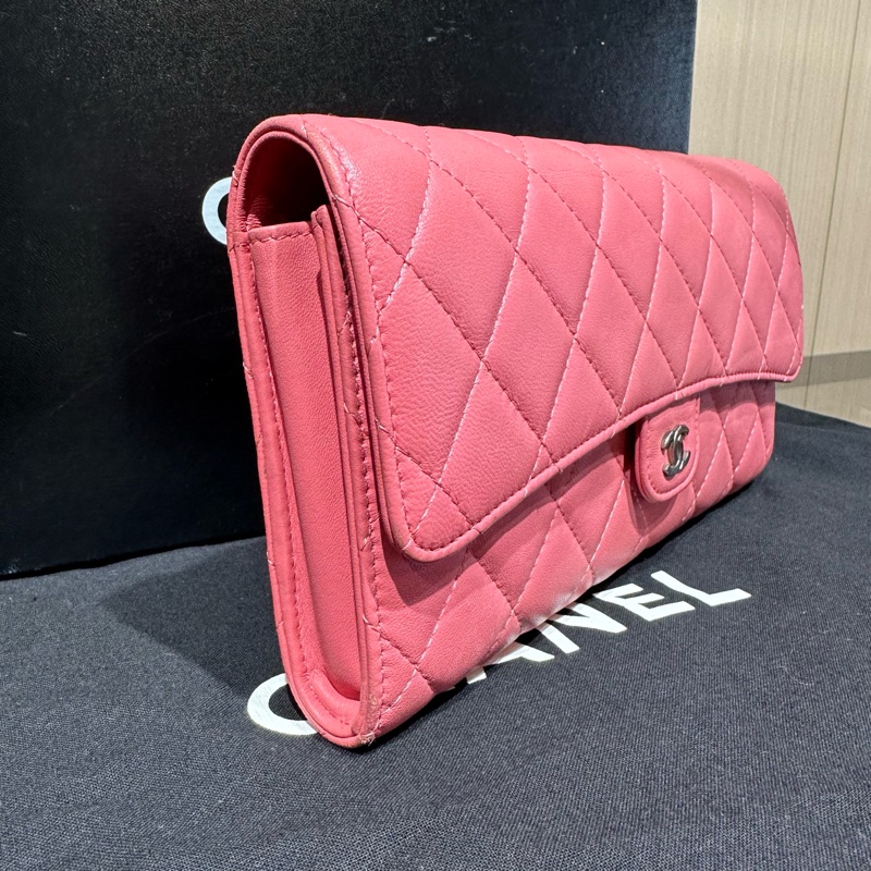 Chanel香奈兒經典款cf系列三折長款錢包粉色銀扣-2