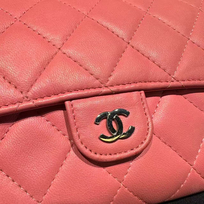 Chanel香奈兒經典款cf系列三折長款錢包粉色銀扣-5