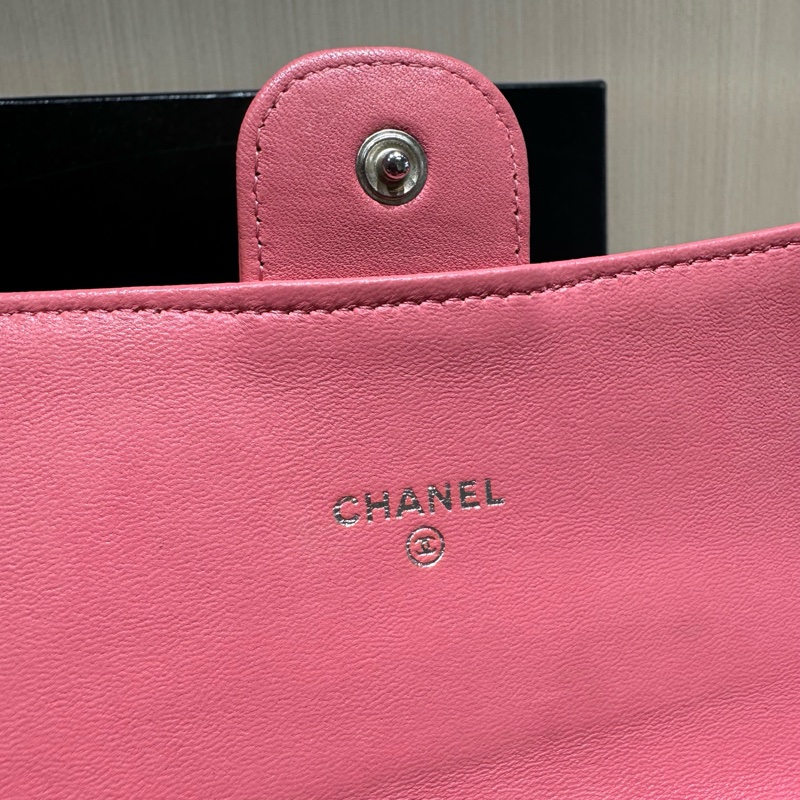 Chanel香奈兒經典款cf系列三折長款錢包粉色銀扣-6