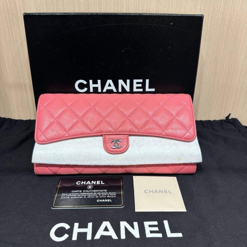 Chanel香奈兒經典款cf系列三折長款錢包粉色銀扣-9