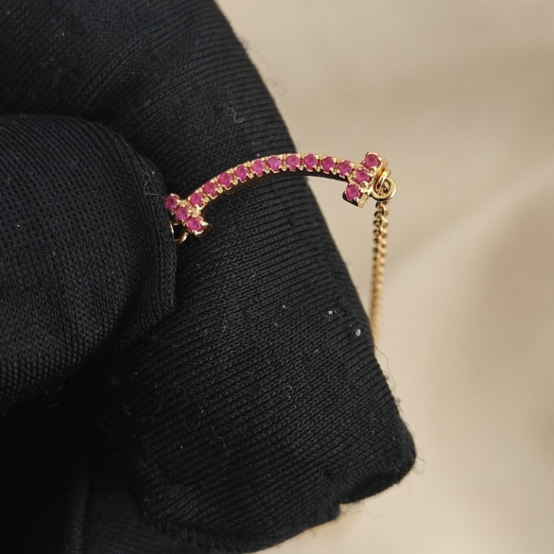 Tiffany/蒂芙尼 小u18k黃金色紅寶石滿鑽mini笑臉項鍊迷你笑臉項鍊-4