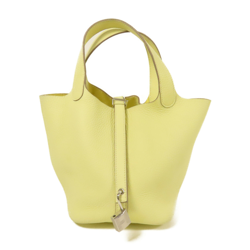 HERMES Clemence皮革Picotin PM銀扣手挽袋Jaune Poussin-0