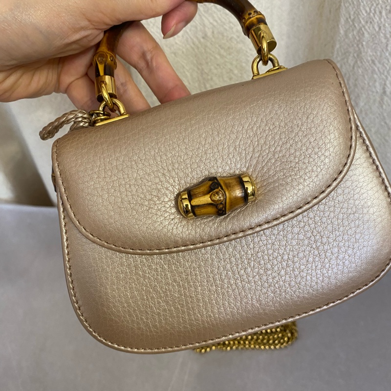 Gucci vintage 中古款金色竹節mini手提斜挎包 絕版款-4