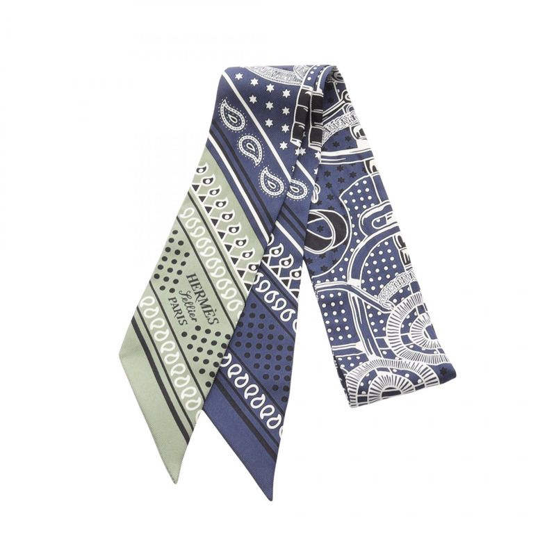 HERMES Twilly Eperon d'Or Bandana 圍巾 絲綢 海軍藍 多色 二手 女士-0