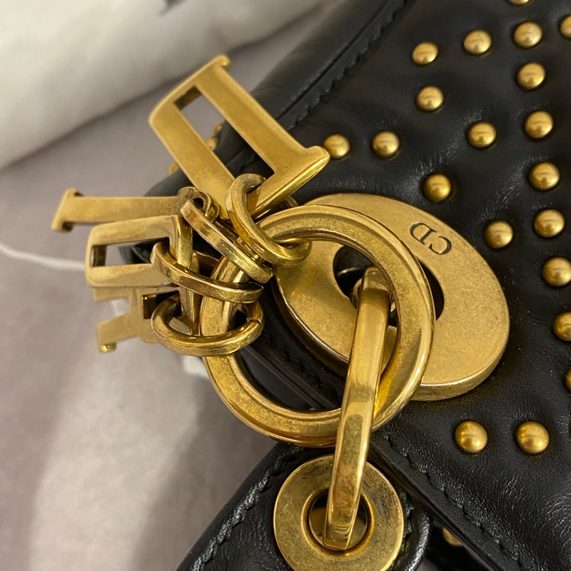 Dior 迪奧 Lady 三格黑金羊皮戴妃包 寬肩帶 重工卯釘珠釘系列-4